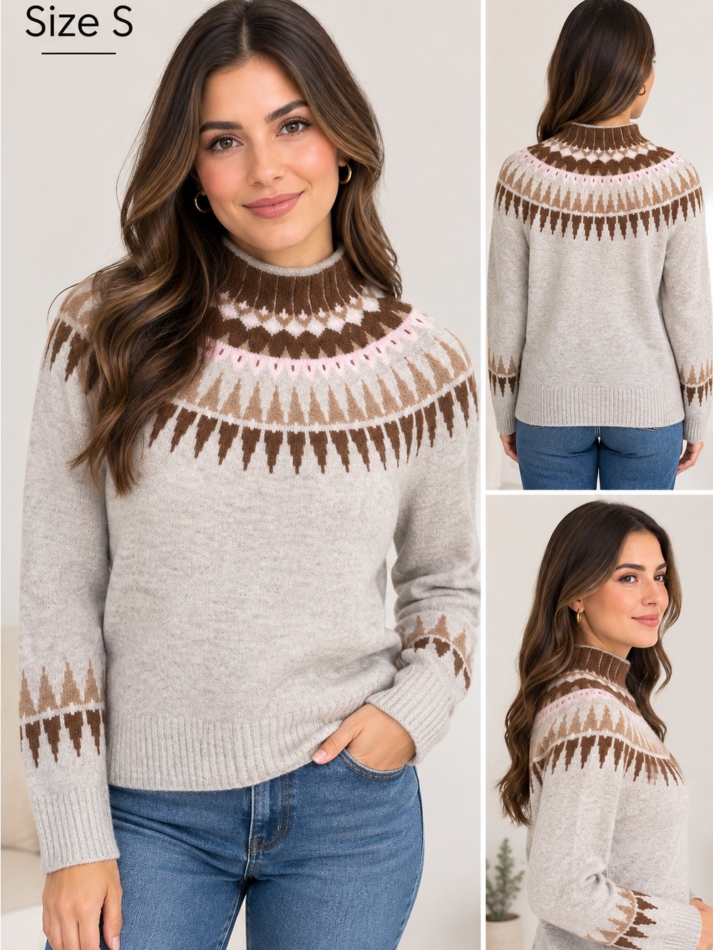 CeCe Light Gray Cowl Turtleneck Sweater with Brown & Pink Yoke